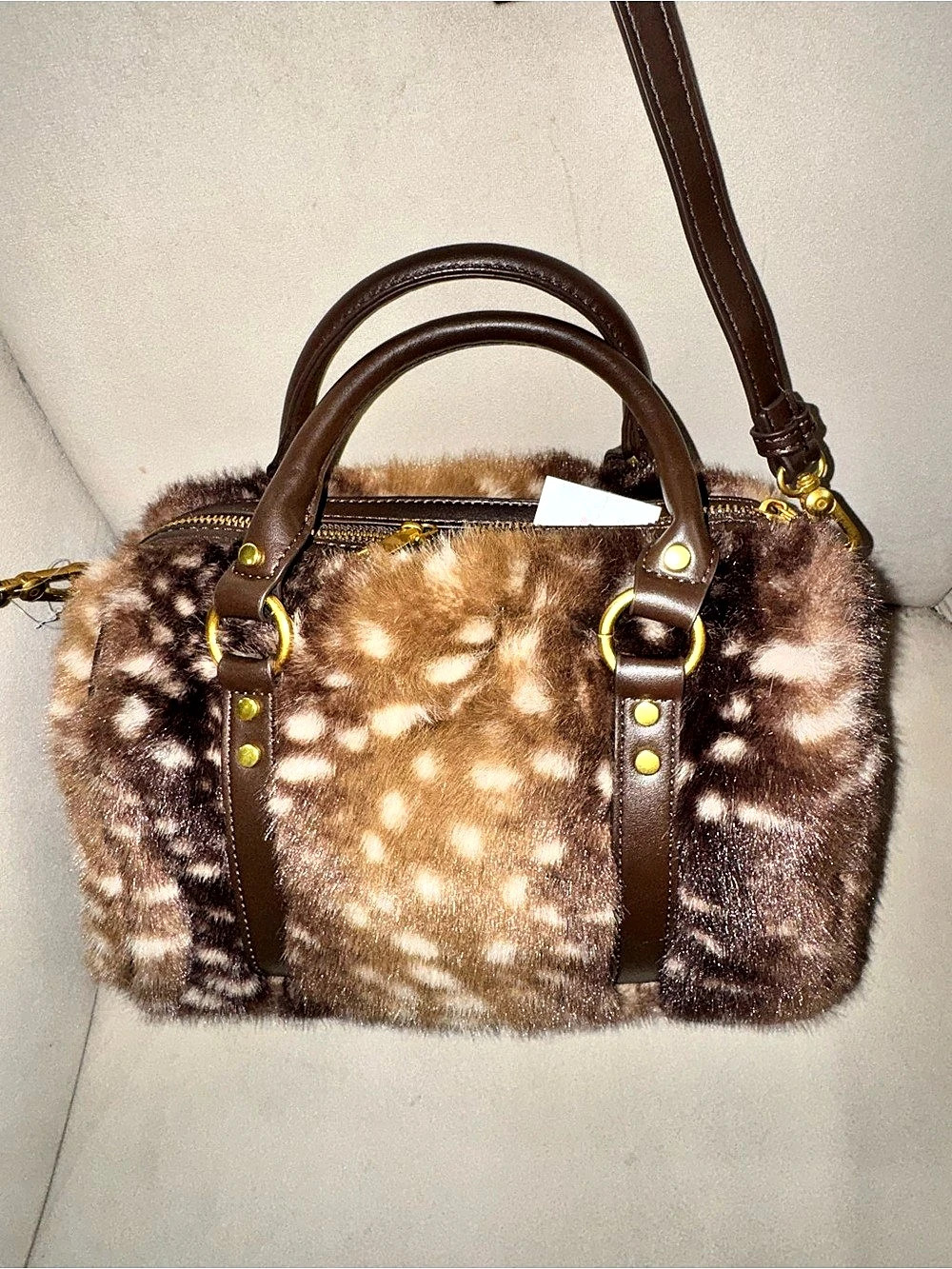 MMS Design Studio Faux Fur Fawn Print Satchel in Brown & Cream